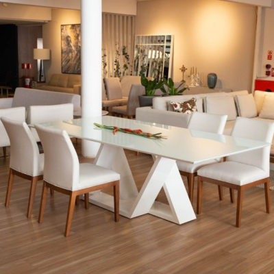 Mesa Jantar Madeira Base Laca Branca Tampo de Vidro e Pintura Acetinada 2x1m