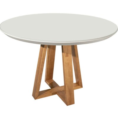 Mesa Redonda Laca Vidro Off White Base Madeira