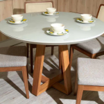 Mesa Redonda Laca Vidro Off White Base Madeira