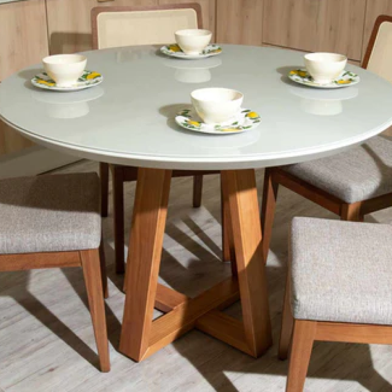 Mesa Redonda Laca Vidro Off White Base Madeira